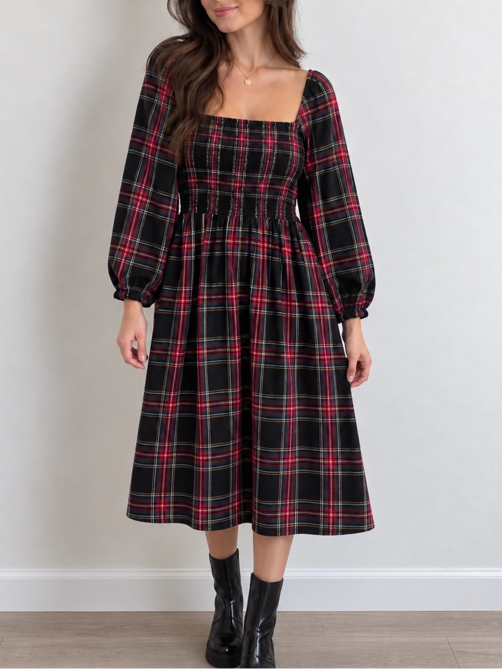 J. Crew Women’s Large Black Tartan Plaid Smocked Midi Dress Puff Sleeve Cotton